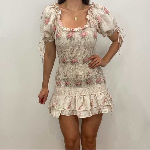 LoveShackFancy Violet Ruched Pink Floral Silk Mini Dress with Puff Sleeves - Picture 7 of 14